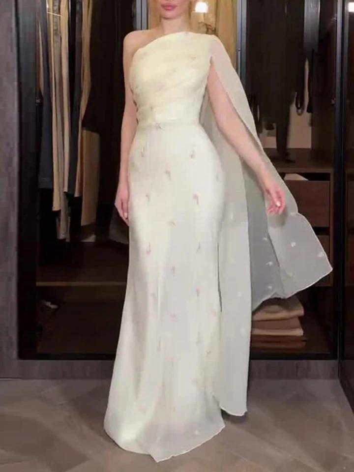 

French Style Slash Collar One-shoulder Sleeve Dress Temperament High Waist Pleat Banquet Dress Elegant Lady Tie Up Chiffon Dress