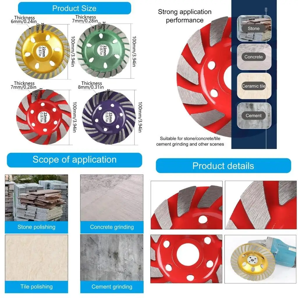 

652F 4Pcs Diamonds Grinding Cup Wheel 4inch 100mm Row Grinder Cup Wheel for Cutting Grinding Smoothing Shaping Concrete