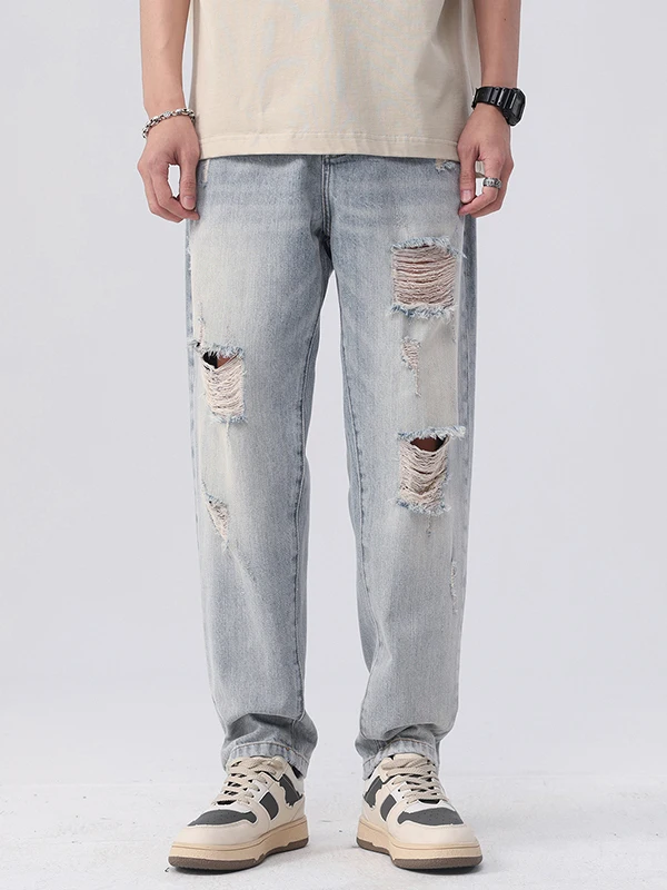 

High-End Trendy Brand Jeans Patched Hole Lightweight Loose Straight Casual Long Pants Cotton Stretch Denim Youth Summer Wear