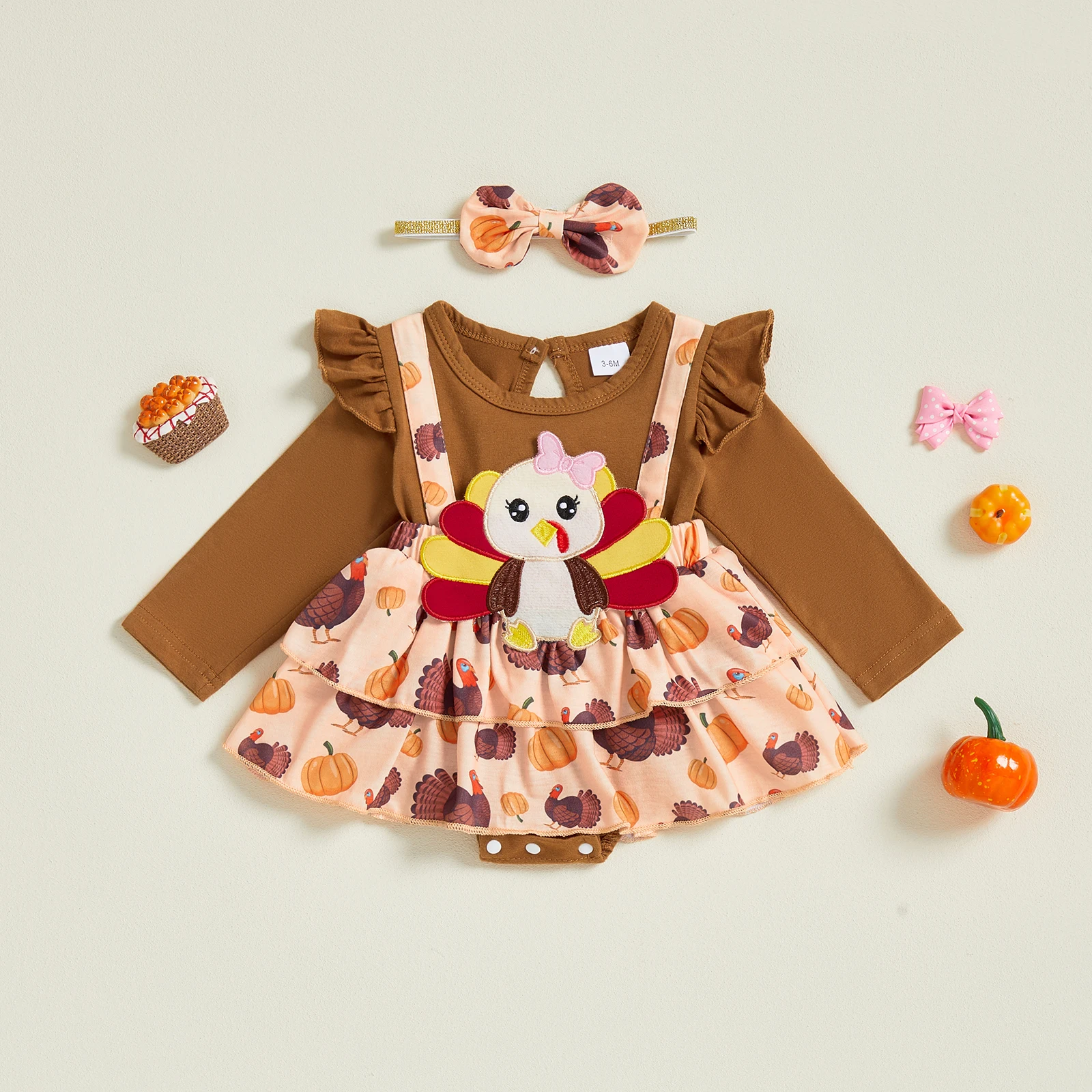 

0-18 Months Baby Girl Thanksgiving Outfit Turkey Ruffled Long Sleeve Romper Dress and Bow Headband 2 Pcs Set for Fall