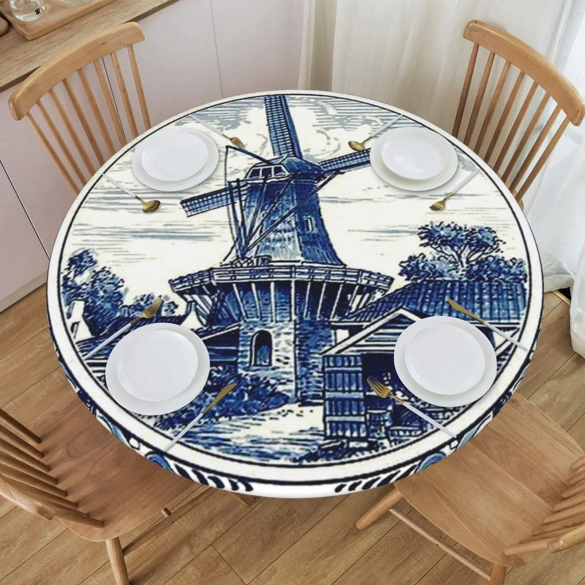 Round Waterproof Oil-Proof Dutch Blue Delft Vintage Windmill Art Tablecloth Backing Elastic Edge Table Covers Table Cloth