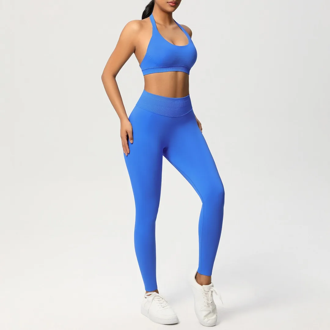 

Women's Halter Sports Bra Backless Yoga Set High Waist Peach Hip Fitness Suit Running Workout Clothes Gym Leggings Sportswear