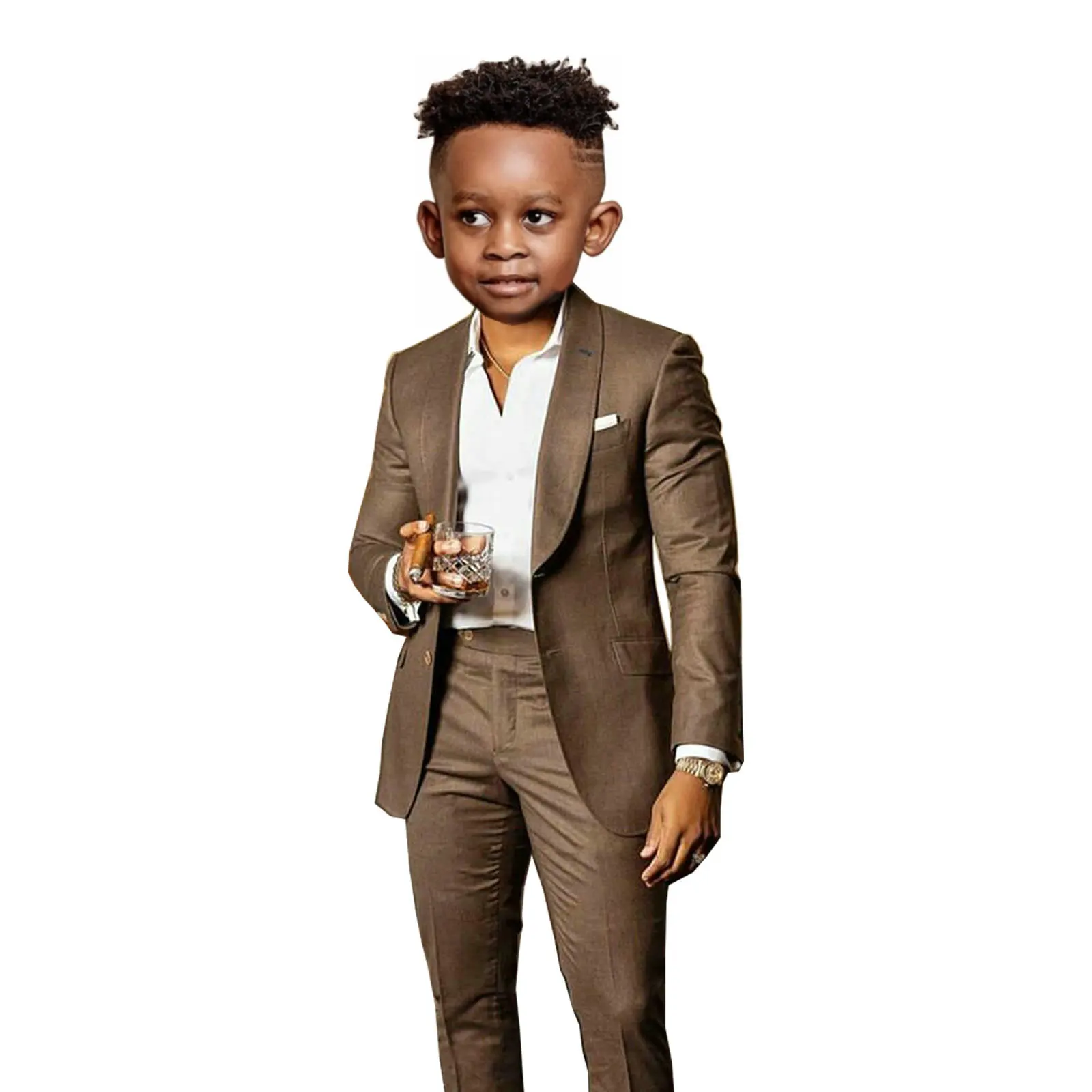 Brown Boys Suit 2 Pieces Jacket Pants Shawl Collar Wedding Tuxedo Kids Clothes Fashion Party Formal Dresses