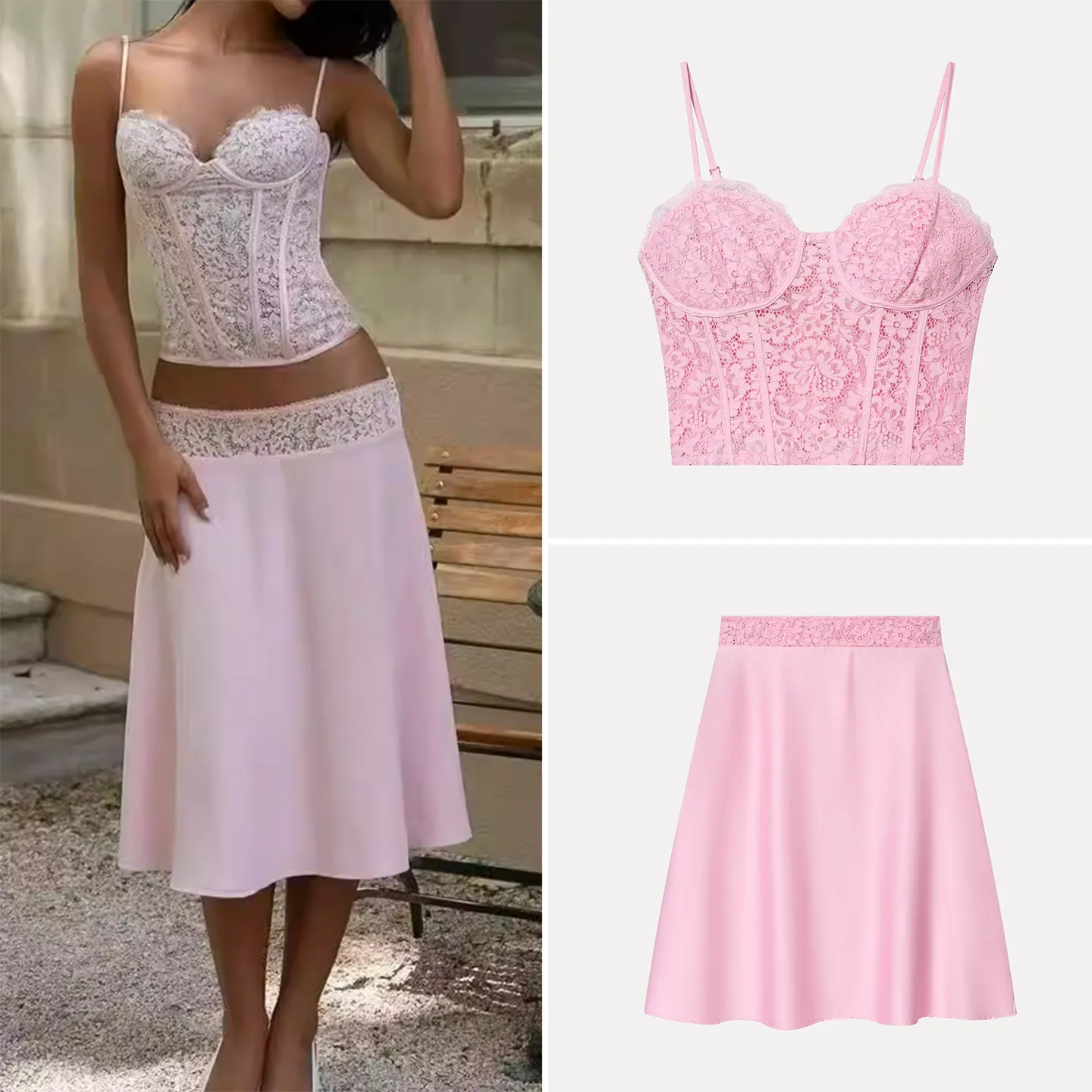 

Fashionable Sexy Lace Patchwork Pink Skirt Women's Vest Top Summer Autumn Winter New Arrival Zadata Brand Set