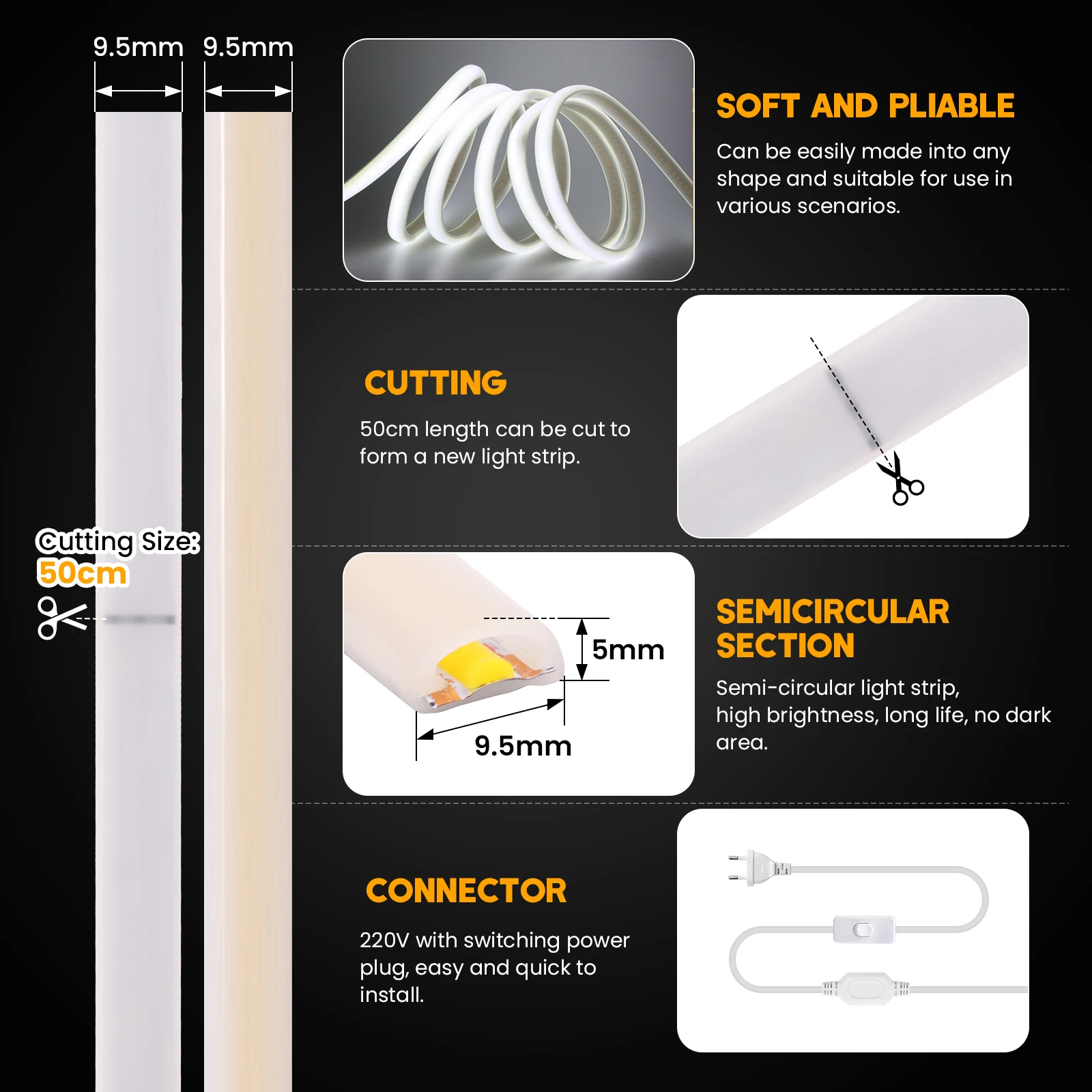 Imagem -04 - Cob Led Strip Neon Light High Bright 288leds por m Cri Ra90 Fita Led de Fita Impermeável com Interruptor para Iluminação de Cozinha ao ar Livre 220v