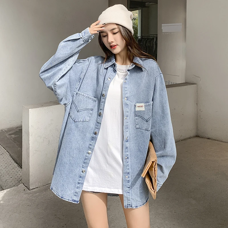 Spring Autumn Vintage Loose Women  Denim Long Sleeve Shirts  Simple  Fashion  All-match Z112