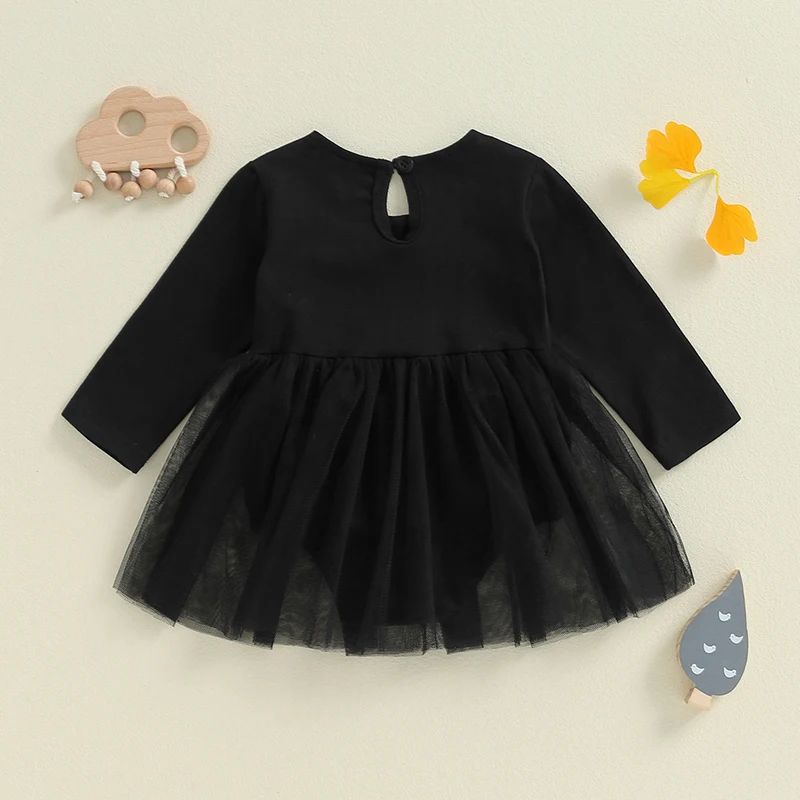 Baby Girl Halloween Outfits Long Sleeve Doll Collar Romper Tutu Dress Halloween Black Mesh Hem Tulle Dress 0-24M