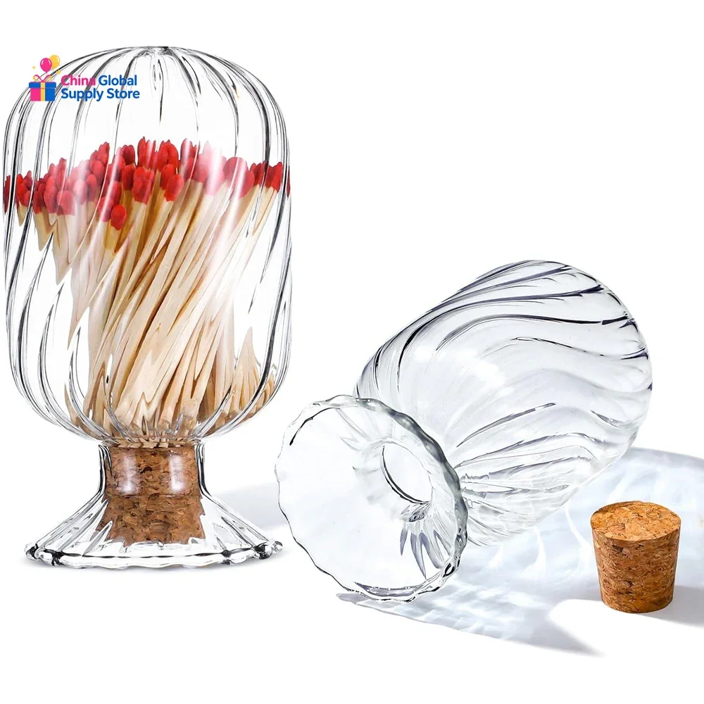 Helix Shaped Match Cloche Glass Decorative Match Holder with Cork Stopper - Set of 2 - Kitchen & Dining Accessories