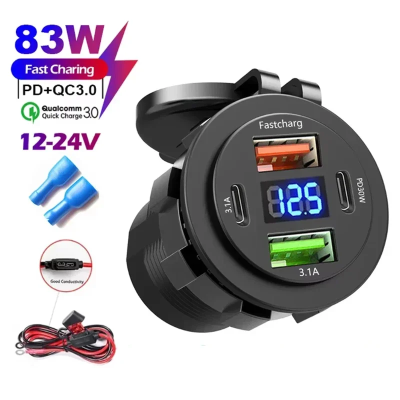 QC 3.0 PD30W Dual-USB-Schnellladegerät für Autos, 12V/24V, wasserdicht, mit Schalter, Auto-Schnellladeadapter, Stromanschluss