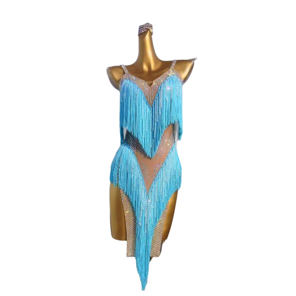 Latin Dance International Stage Diamond Women's Wear High end Customized Two tone Blue Tassel American Samba Performance Dress