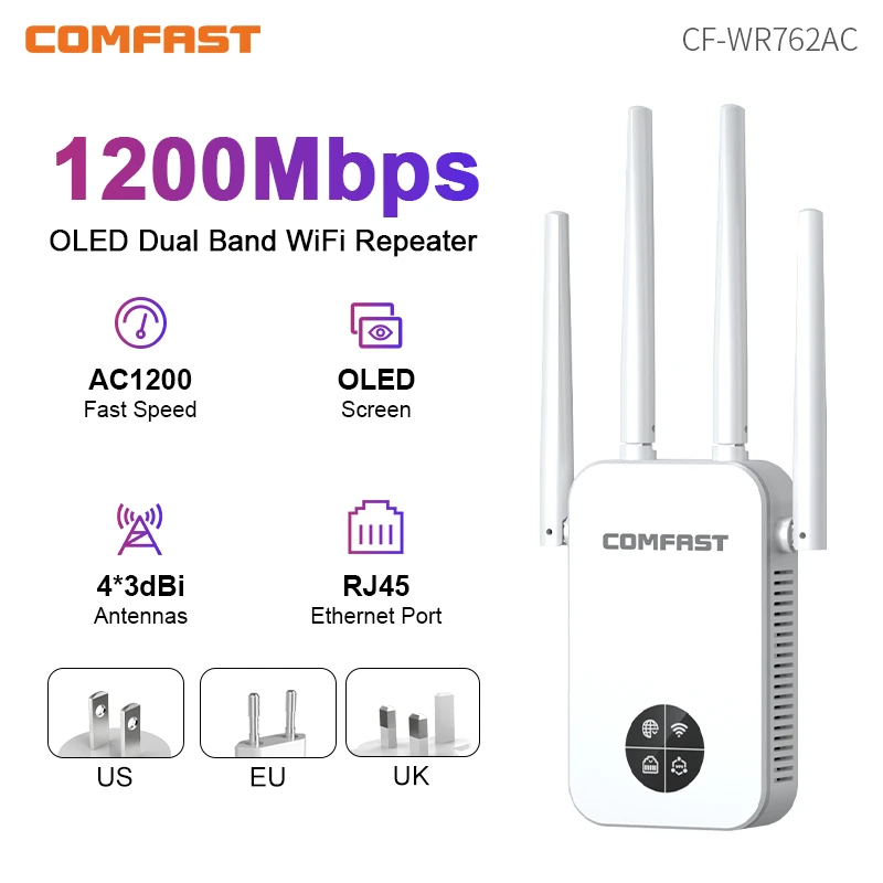 COMFAST 1200Mbps OLED Display WiFi Extender Dual Band 2.4G&5GHz Wireless Repeater 4*3dBi Antennas Wi-Fi Range Signal Amplifier