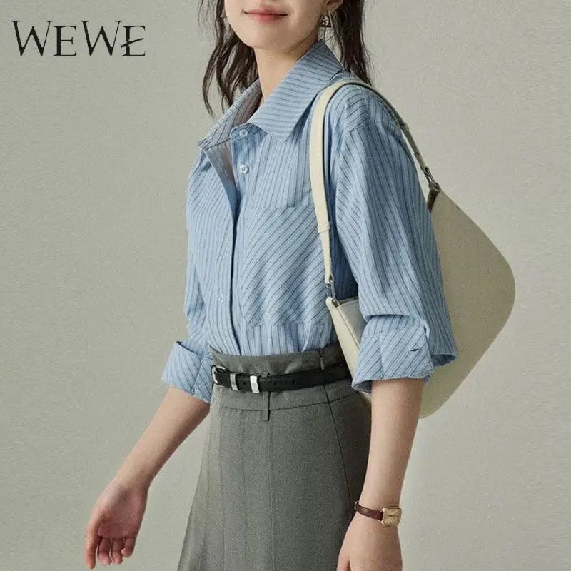 

Button-down Long-sleeved Striped Contrast Lapel Shirt Women's Bottoming Shirt Fashionable Casual Commuting Top
