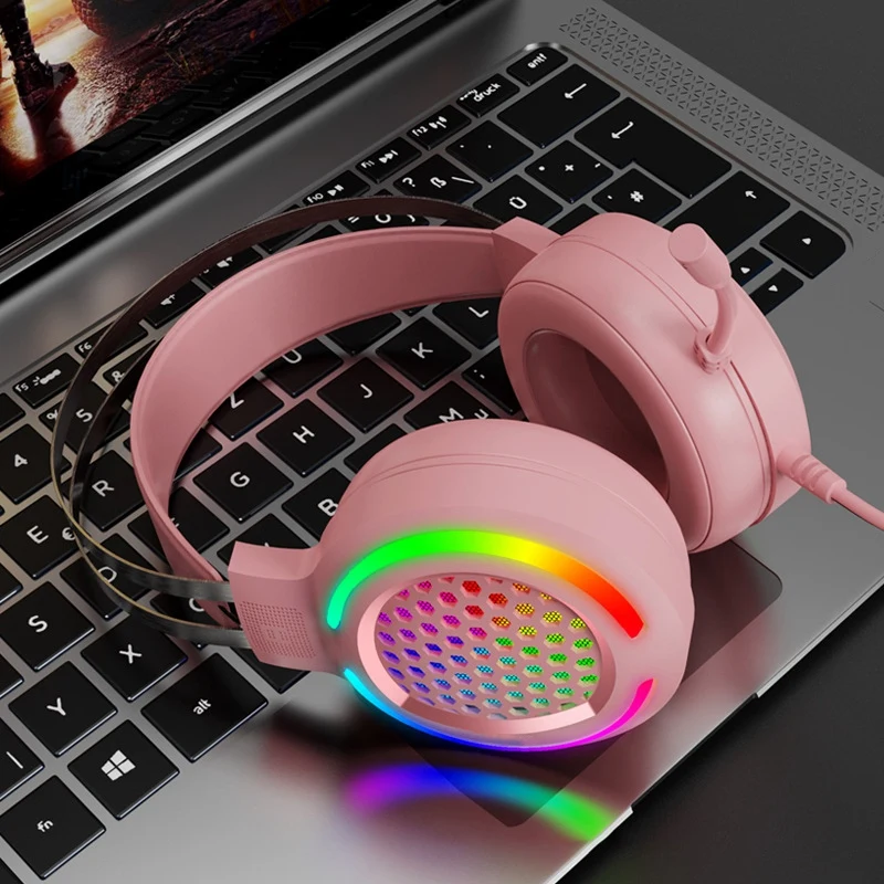 Computer Gaming Headset with Noise-Canceling Microphone 7.1 Surround Sound USB Head-Mounted RGB Gaming Headset Pink
