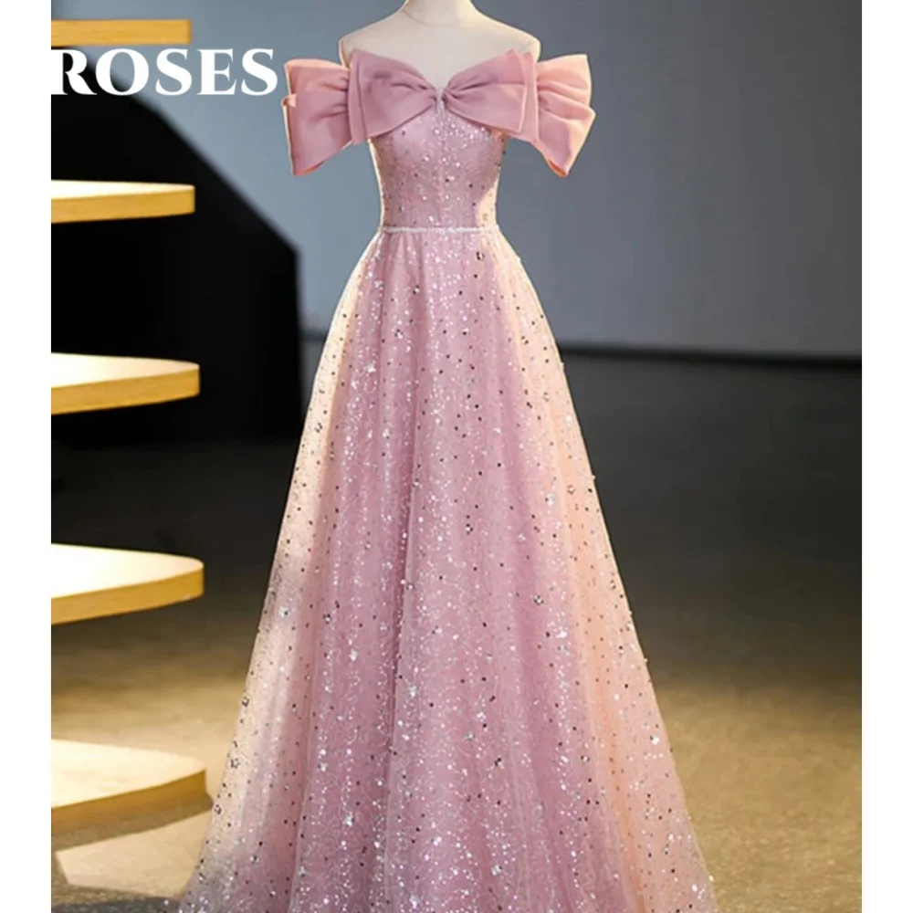 

ROSES Pink Elegant Prom Dress 3D-Bow Backless Prom Gown Shiny Sequins Lace Celebrity Dresses for Woman robes du soir Customized