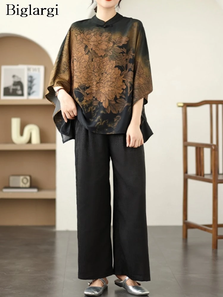 

Oversized Summer 2 Two Piece Set Women Chinese Style Flower Floral Fashion Irregular Ladies Blouses Wide Leg Loose Woman Pant