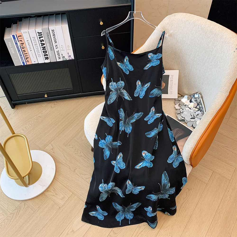 Plus-size women\'s summer casual commuting comfort Slip dress Chiffon black long dress Blue butterfly print with slit loose dress