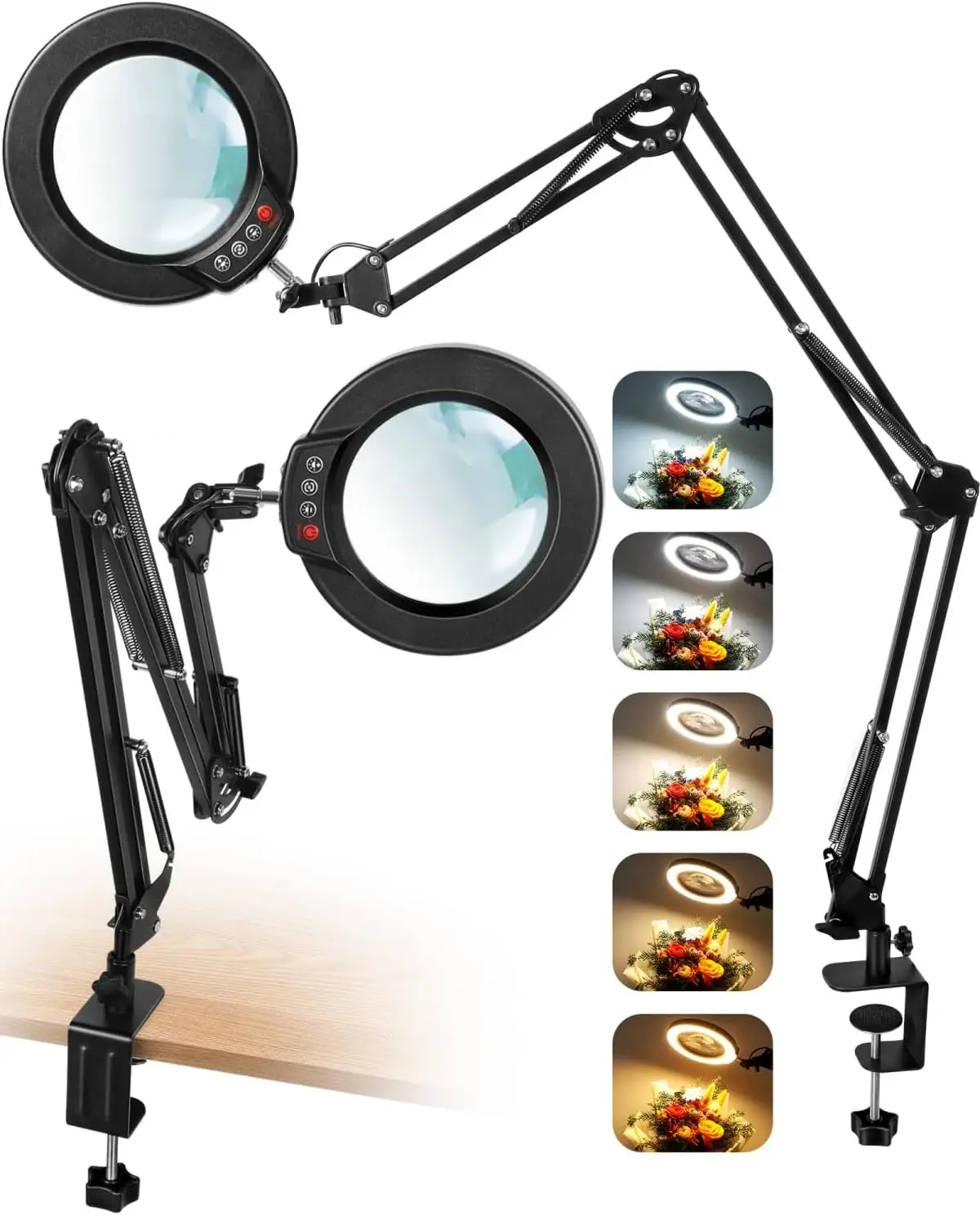 

10X Magnifying Glass with Light and Clamp, 3-Section Swing Arm LED Desk Lamp, Real Glass Lens, Dimmable 5 Colors