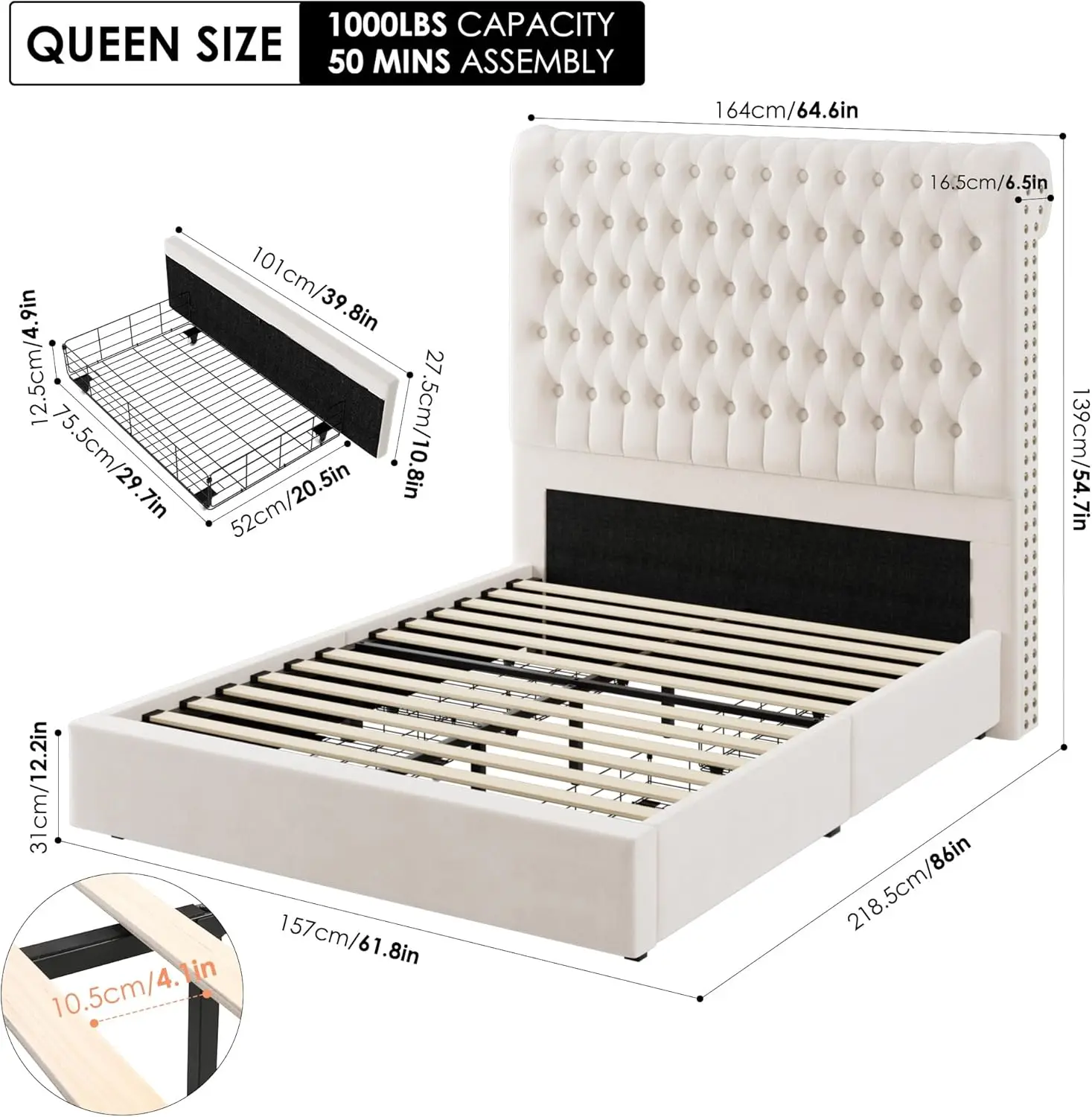 Cama Queen Size Quadro com Botão Lindo, Cabeceira Alto, Tufados e Prego, 55"