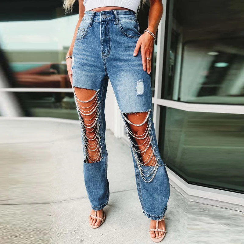 

New Fashion Big Hole Rhinestone Chain Street Jeans Casual Female Washing Denim Trousers Women Vintage Pocket Straight Long Pants