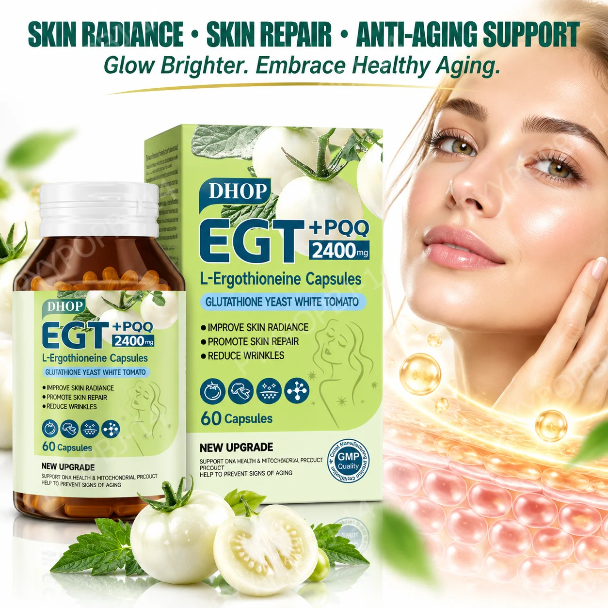 L-Ergothioneine EGT + PQQ Capsules, Skin Radiance, Skin Repair, Anti-Aging Support, Glutathione & White Tomato Complex, 60 Count