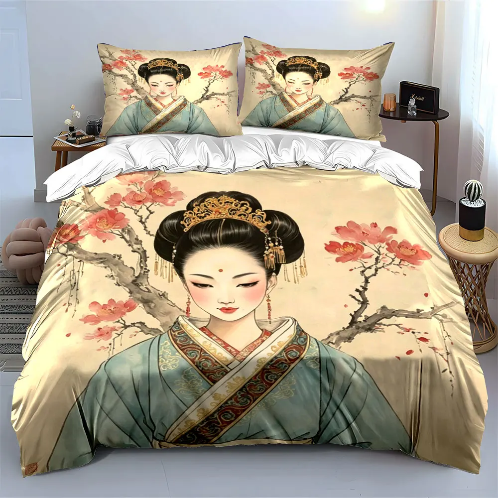 Chinese Ancient Hanfu Beauty Plum Blossom Ink Painting Bedding Set,Oriental Classical Lady Floral Print Duvet Cover Home Decor