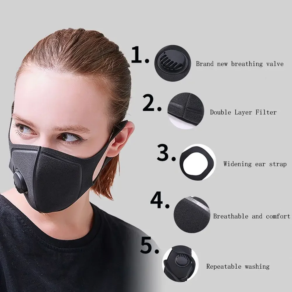 Masque anti-poussière en éponge noire PM2.5, filtre buccal, respirant, lavable, réutilisable, pour la vaccination, 1 pièce