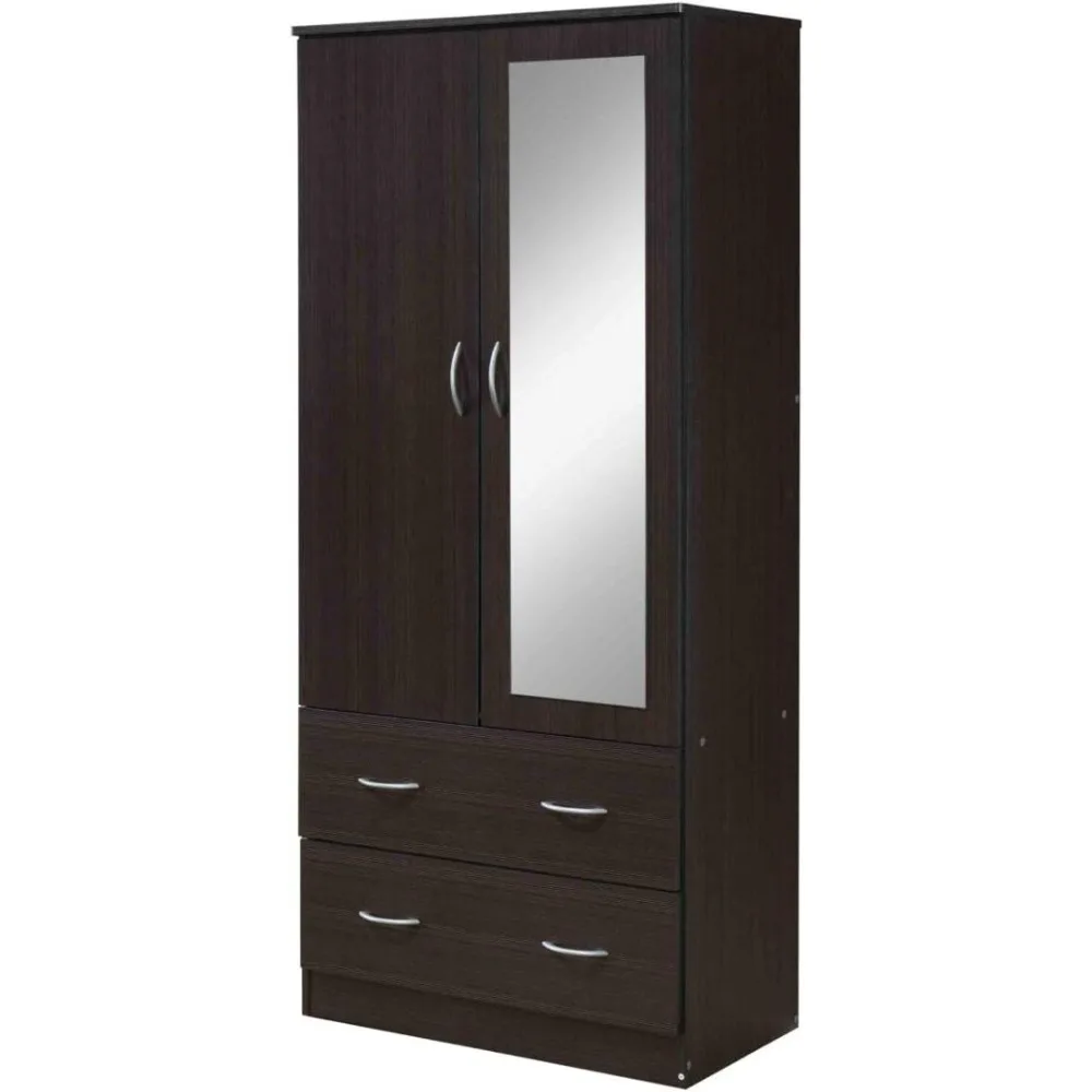 2 Door Wood Wardrobe Bedroom Closet with Clothing Rod Inside Cabinet, 2 Drawers for Storage and Mirror