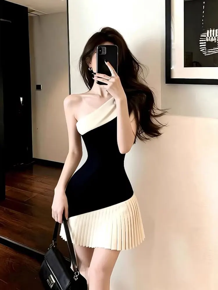 

Сексуальное платье с открытыми плечами и цветовыми блоками, женское, приталенное, плиссированное, короткое, весна-лето