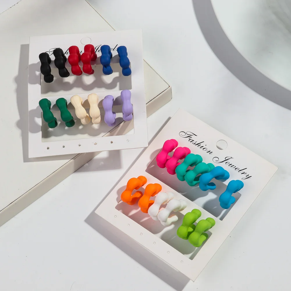 6 Pairs/set Cute Colorful Acrylic Matte Geometric C-Shape Earrings Set for Women Girls Lovely Heart Earrings Fashion Jewelry