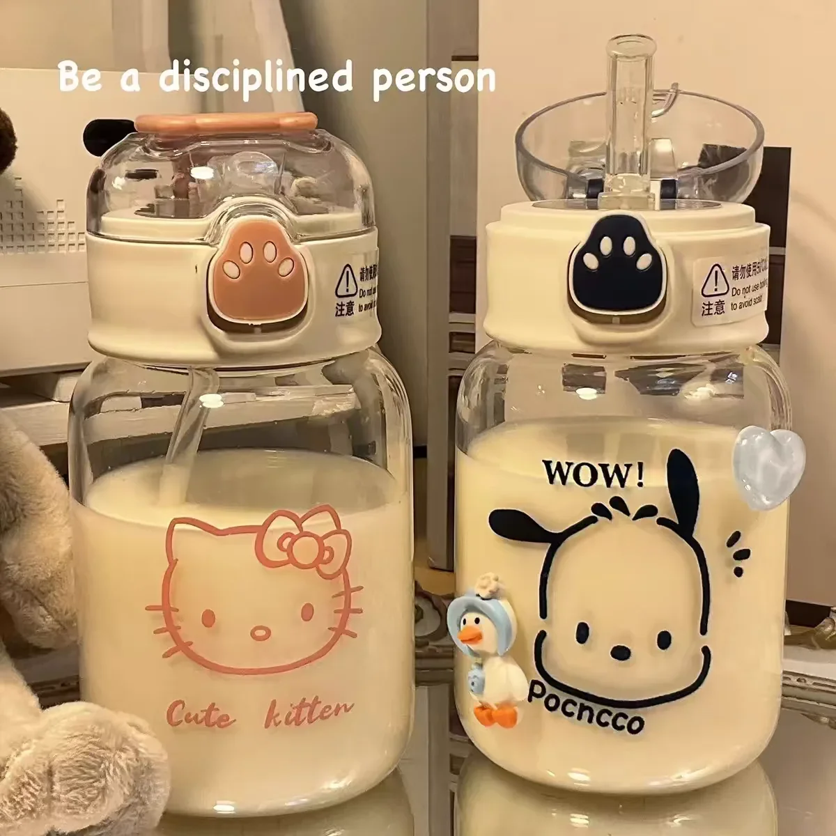 New Kawaii Sanrio Hello Kitty Water Bottle Transparent Straw Water Bottle Diy Anime Kuromi Cinnamoroll Plastic Cups Gift