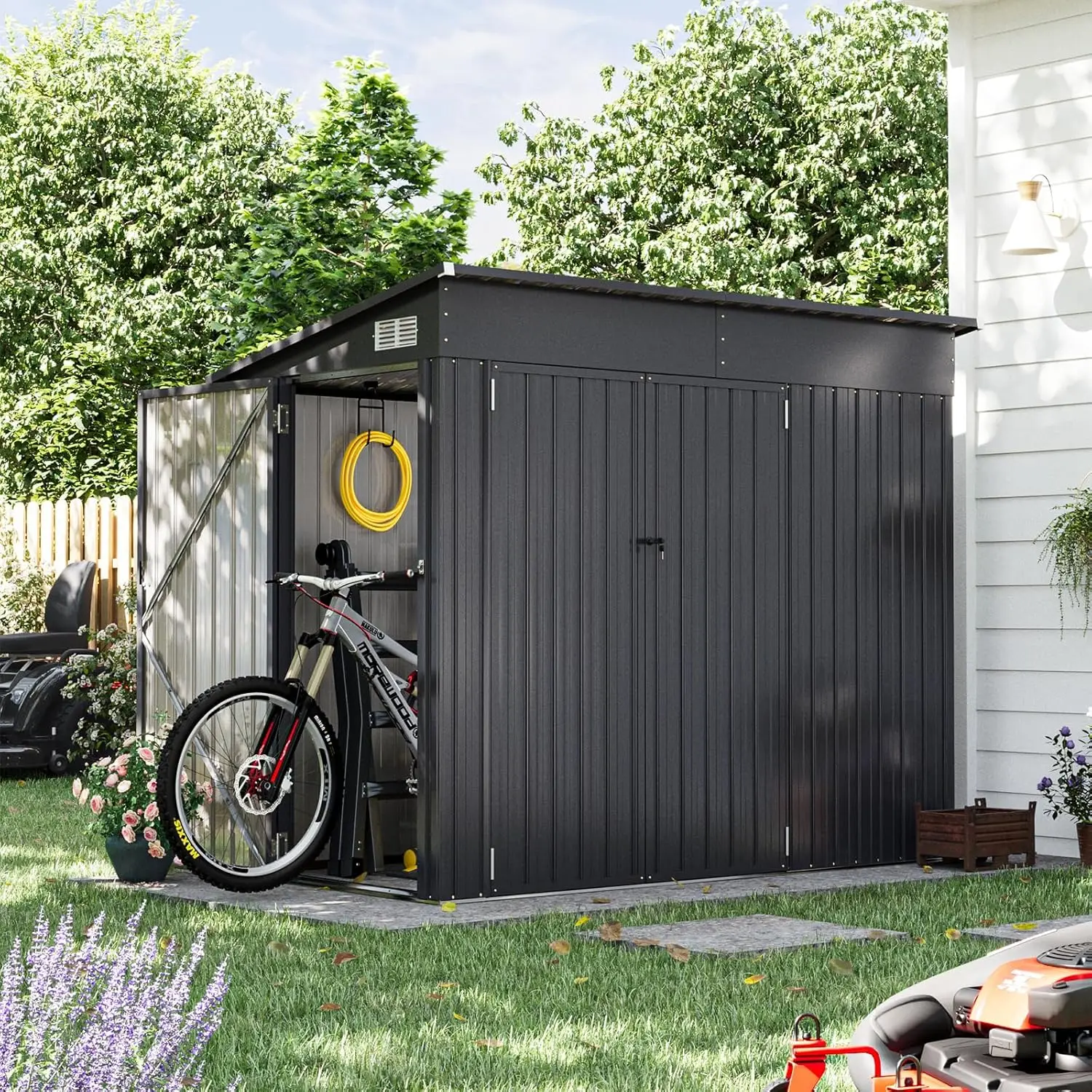 4' x 8' Shed Outdoor Storage Shed with Triple Lockable Door Metal Storage Cabinet with Sloped Roof for Bicycles