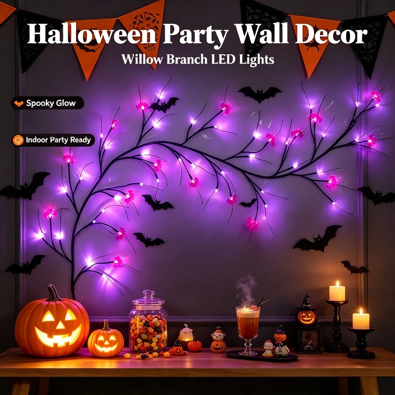 Halloween Willow Branch Lights, Bendable LED Twig Lights with Bat Pumpkin Decor for Indoor Party Home Decoration