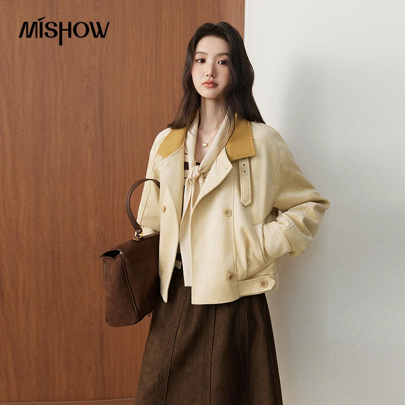 MISHOW Women's Jacket Faux Suede Double Breasted Contrast Color Short Jackets 2026 Fall Winter Daily Commuter Clothes MXF48W1135