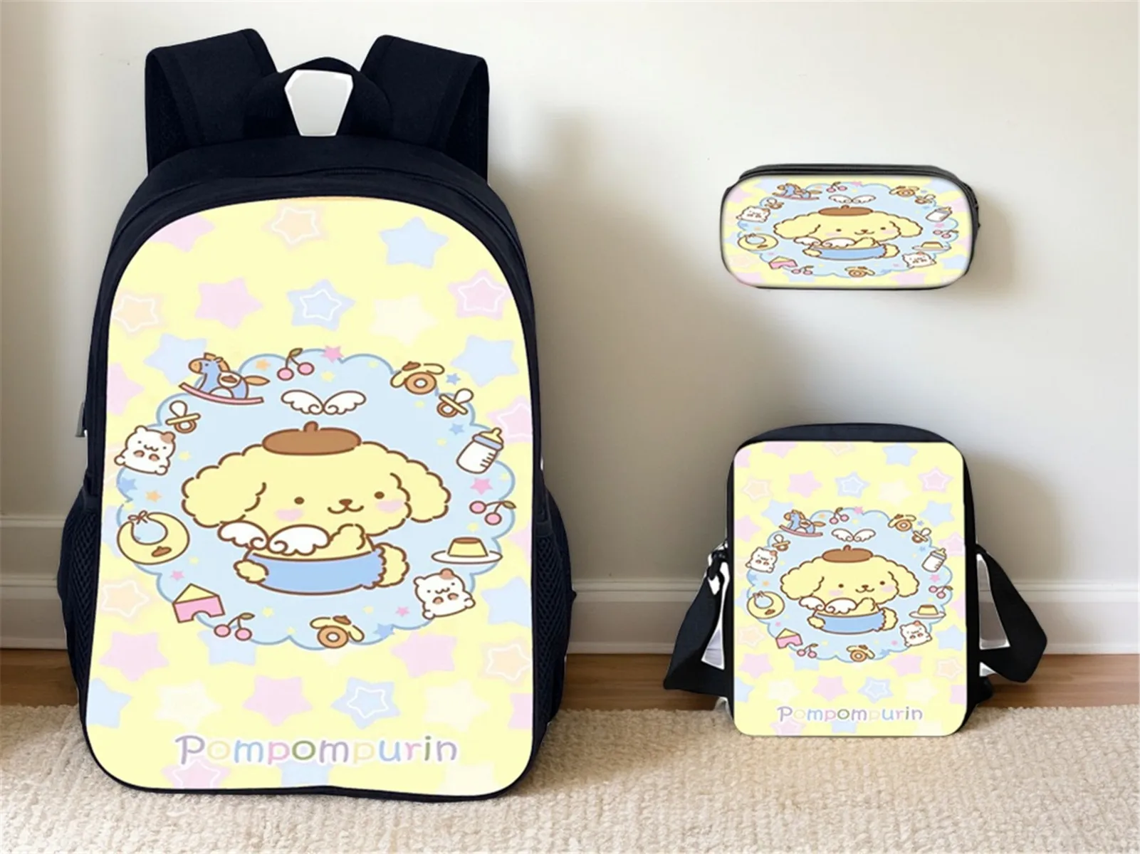 

Little Boy Girl Sanrio School Backpak and Pencil Case Side Bag 3Pcs Set,Pom Pom Purin Cute Daypack Water Proof Travel Knapsack