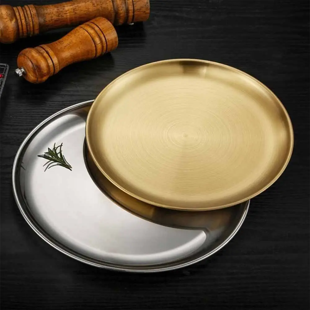 1Pcs Shallow Stainless Steel Plate Dining Disc Kitchen Accessories Food Tray 14/17/20/23/26CM Fruit Cake Snacks Pasta Steak