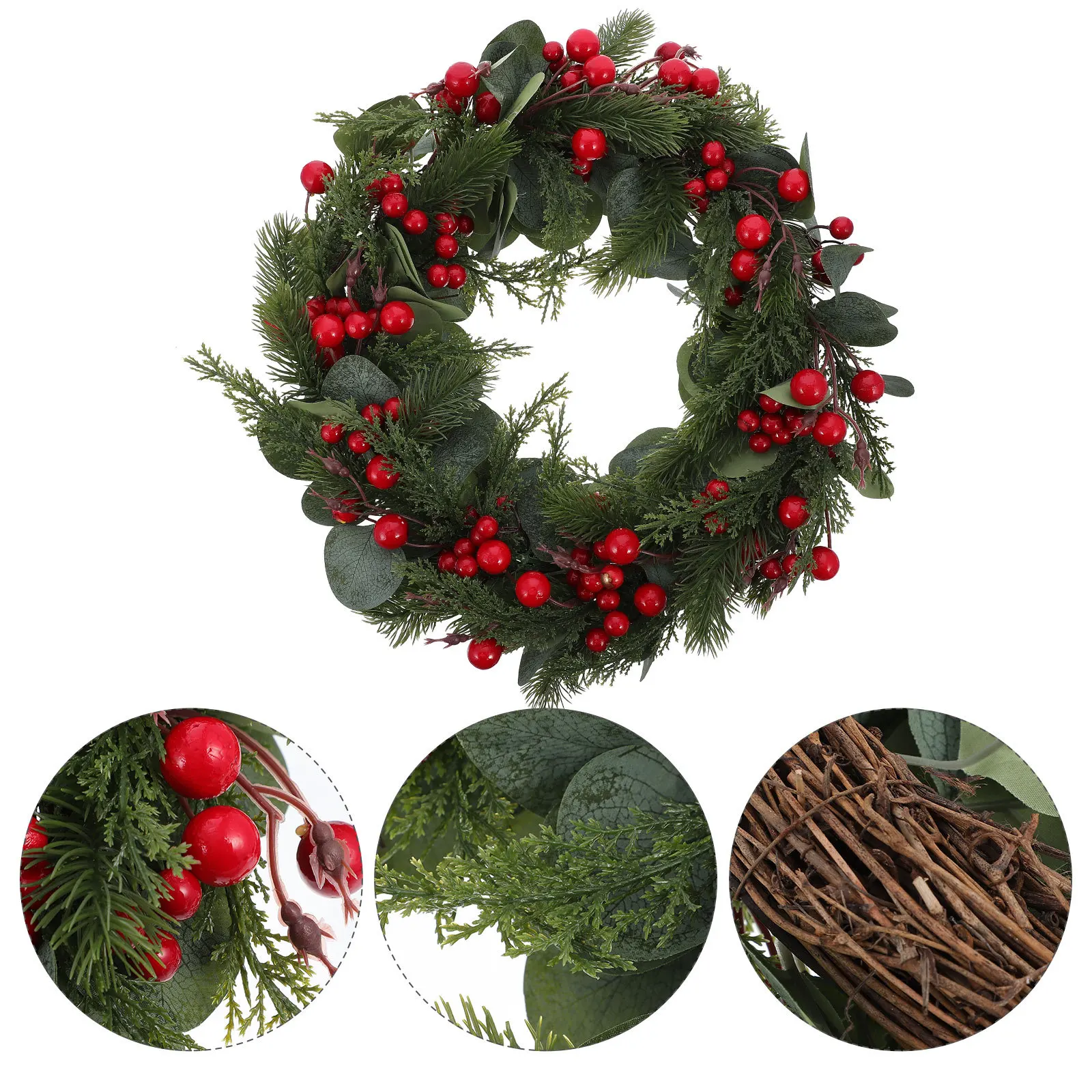 พวงหรีดใบยูคาลิปตัสสีแดง 1 ชิ้น ของตกแต่งคริสต์มาสแบบแขวนสำหรับประตู ผนัง งานปาร์ตี้เทศกาลคริสต์มาส