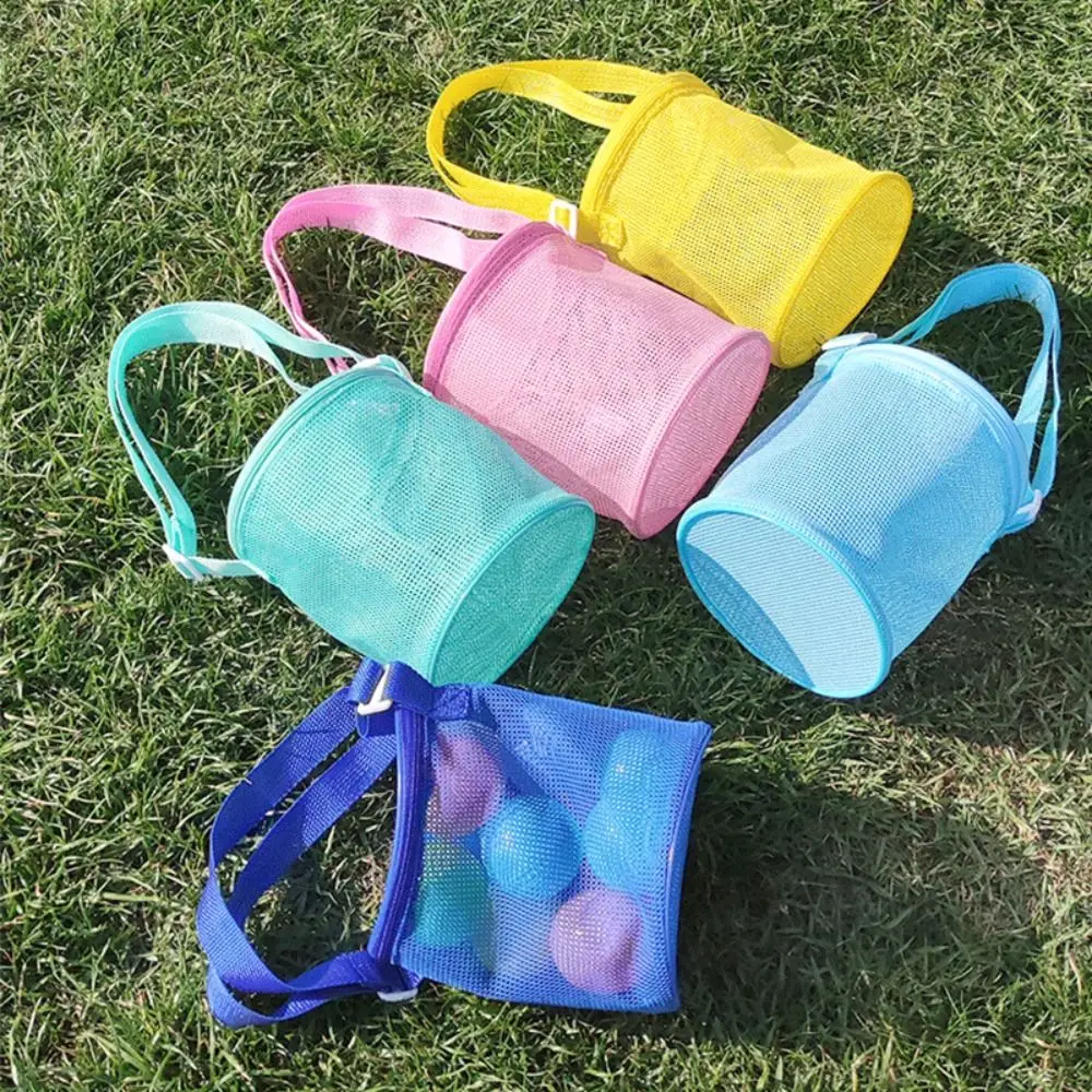 Mesh Beach Bag Outdoor Beach Mesh Bag Storage Pouch Net Adjustable Shoulder Strap Round Bucket Zipper Sundries Organizers