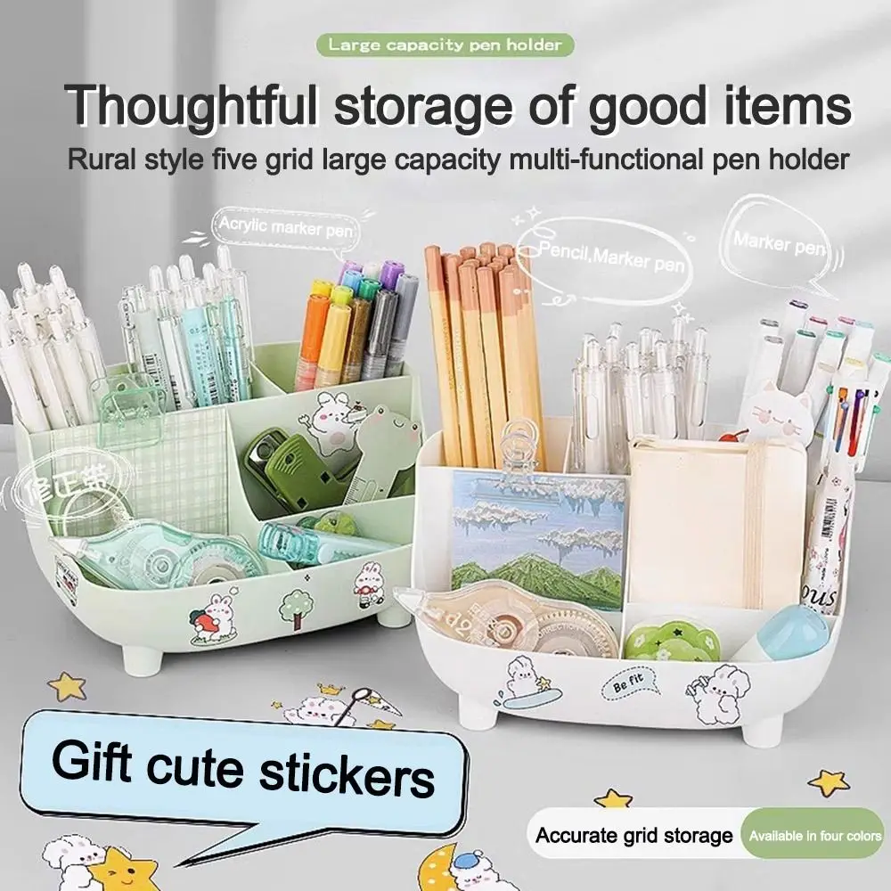 Cute Multi Grid Penholder Large Capacity with Stickers Table Storage Box Cartoon Pattern Makeup Brush Organizer Box