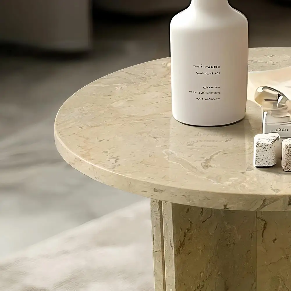 Mesa de centro de mármore natural dourado amarelo bege pequena sala de estar mesa de pedra com detalhes Ø17,7 x 15,8 polegadas mármore polido genuíno