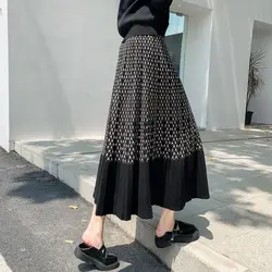 Women's Clothing Vintage Printed Knitted Skirts High Waist Basic Autumn Winter Fashion Pleated A-Line Elastic Casual Midi Skirts