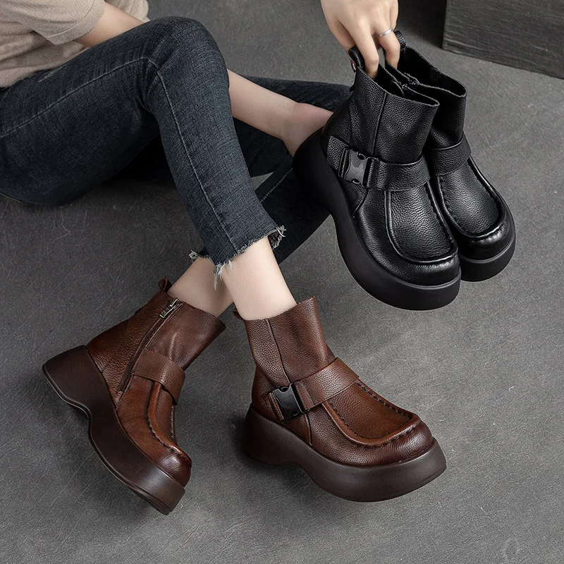 GKTINOO 2024 New Autumn Winter Thick Sole Ankle Boots Women Warm Boots Shoes Handmade Genuine Leather Zipper Retro Boots