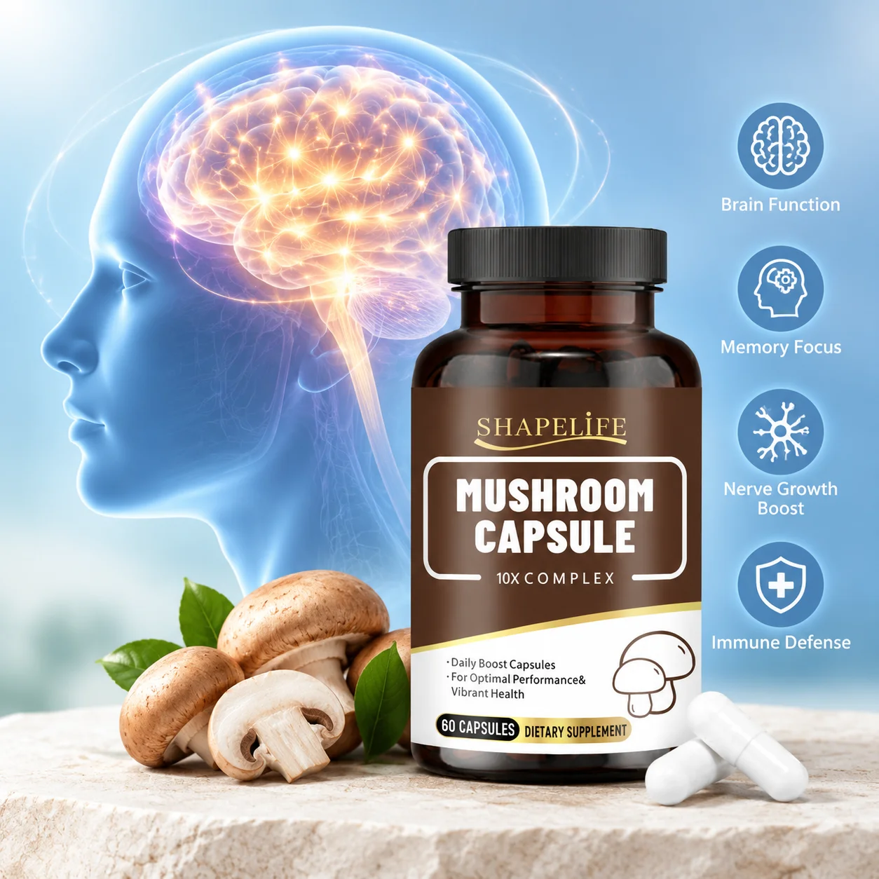 Mushroom Capsules Nervous System Care Cognitive Health Brain Function Memory Focus Immune Defense Nerve Growth Boost 60 Capsules