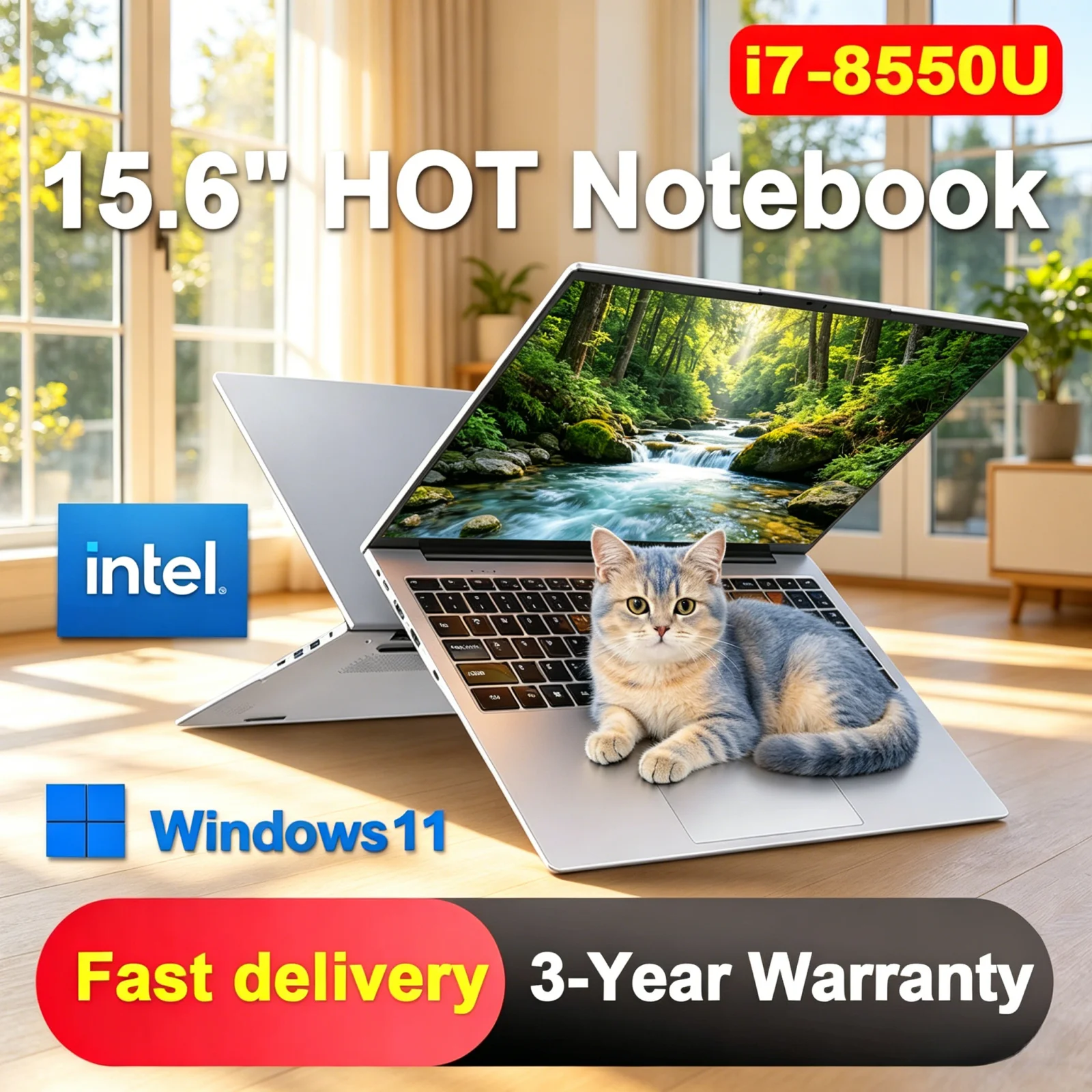 15.6 Inch Portable Notebook Windows 11 Intel Core i7 8550U 32GB RAM 2TB SSD Fingerprint Unlock Office Laptop