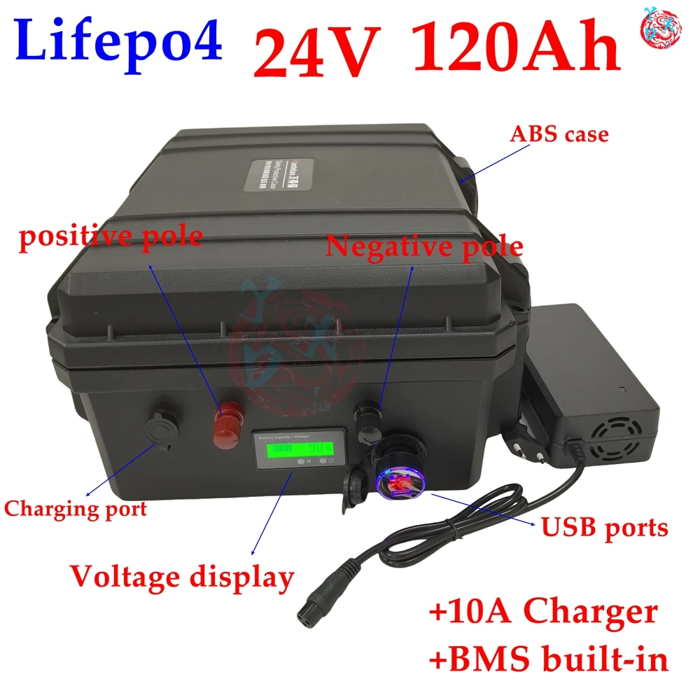 24V 120Ah Lifepo4 Lithium Rion Battery Pack With BMS 150A For Fishing Boat Motor AGV Car Truck Marine Caravan +10A Charger