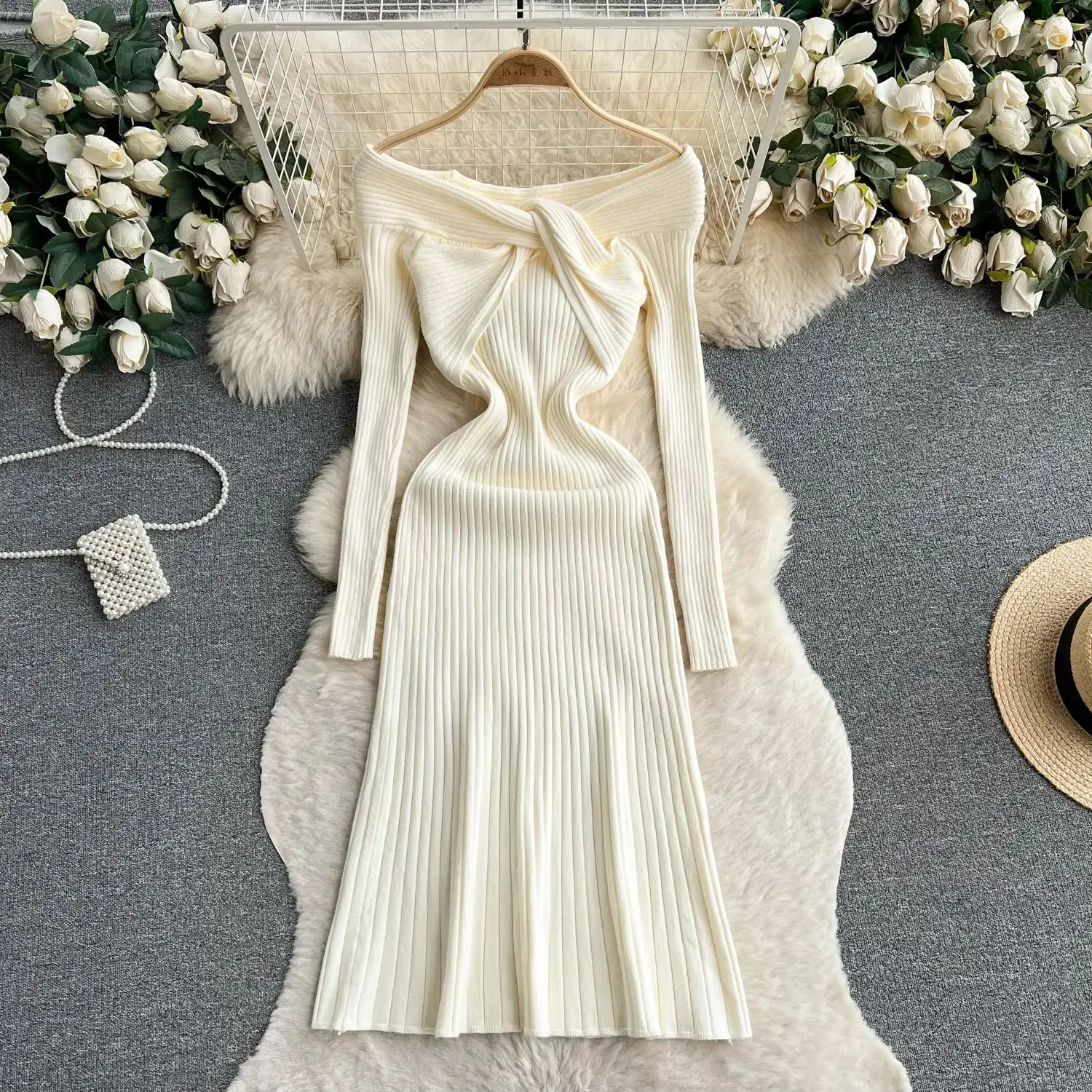 Off the Shoulder Knitted Long Dress Female Slash Neck Long Sleeves Elastic Waist Fashion Casual Slim Warm Sweater Dress