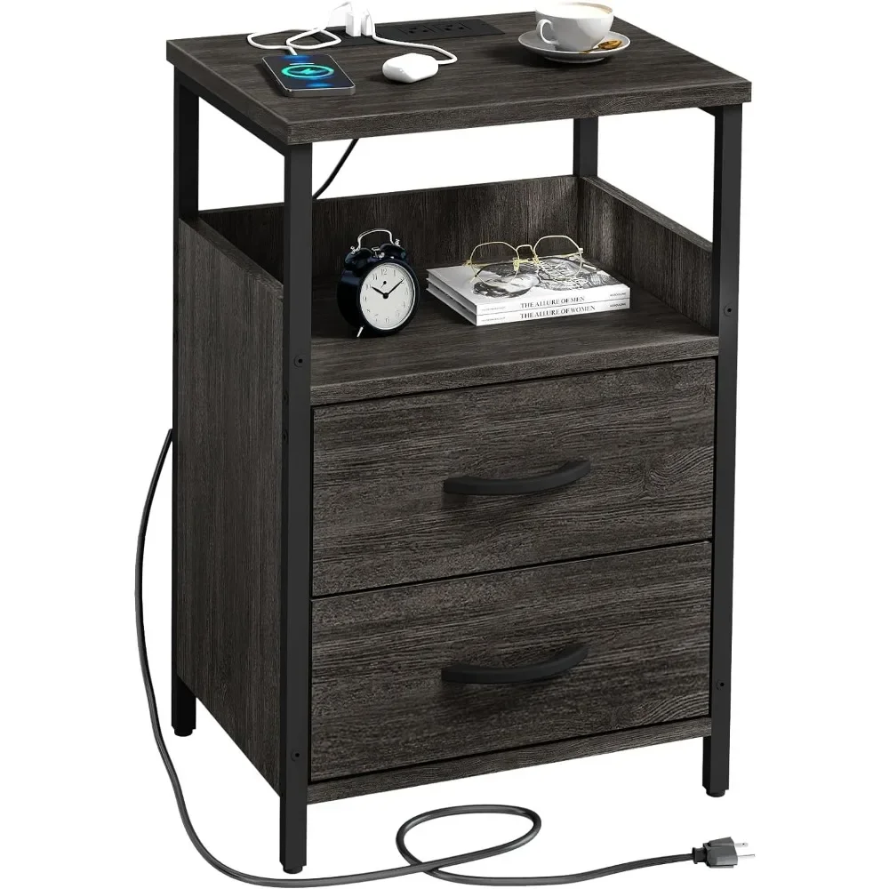 

Nightstand，with Charging Station, 2-in-1 Drawer, for Small Spaces, with USB Ports and Outlets Living Room, , Office，Nightstand