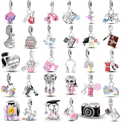 Silver Plated Campus Guitar Music Book Charms Fit Original Pandora Charm Bead Pendent Dangle Bracelet DIY Women Jewelry Gift