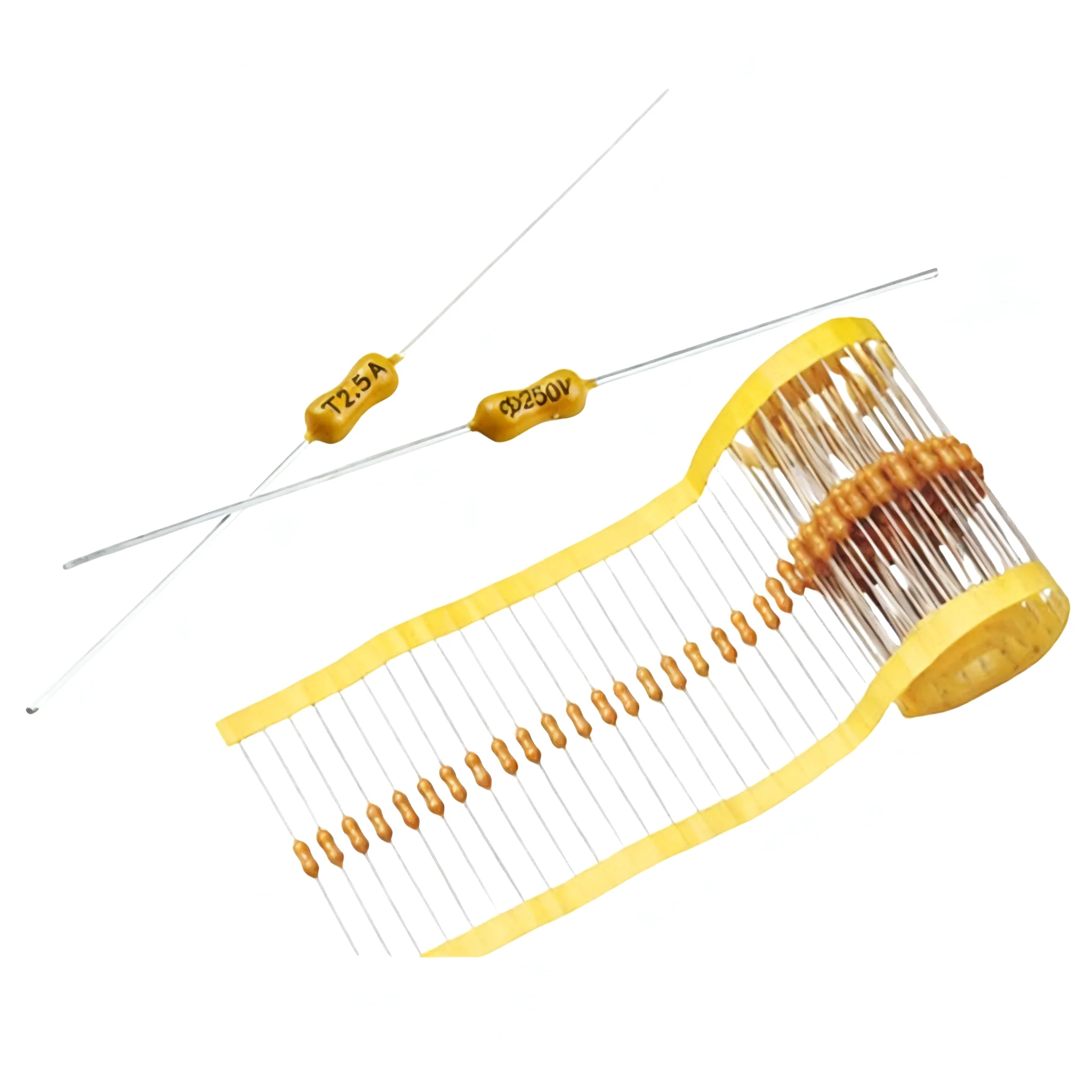 Yellow-Green Resistive Fuses 125V, 250V, Fast And Slow Break 2.4x7 Resistive Fuse 62/500MA, 12345A6, A7, A10, A15A