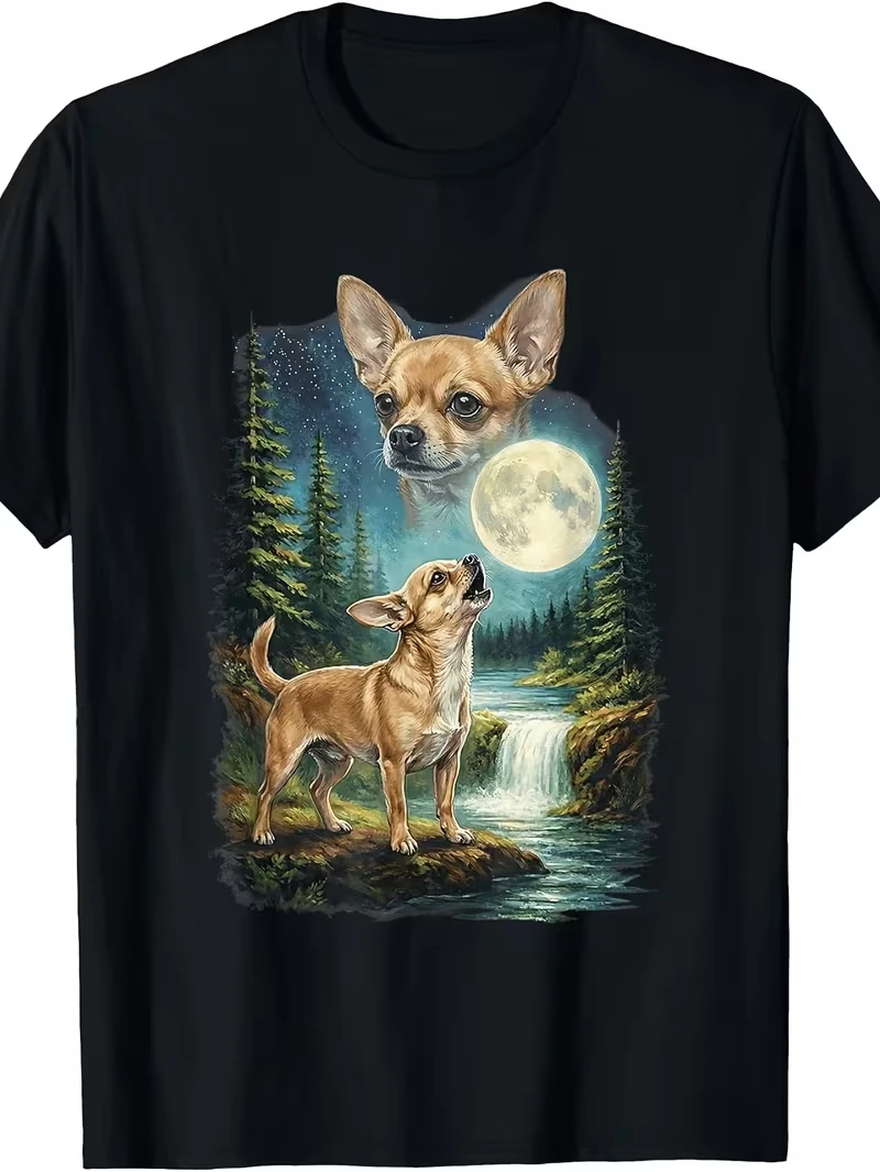 Retro Chihuahua Moon Print T-Shirt Vintage Forest Graphic Kurzarm-Tops für Männer und Frauen, lässig, locker, Streetwear, Alltagskleidung – Detail 4
