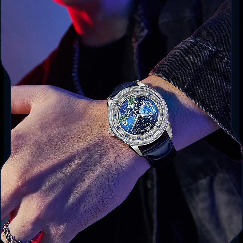 HANBORO Men Automatic Watch 41.5mm Mechanical Wristwatch 5ATM Luminous Crystal Bezel Starlit Sky Dial 24 Hours Date